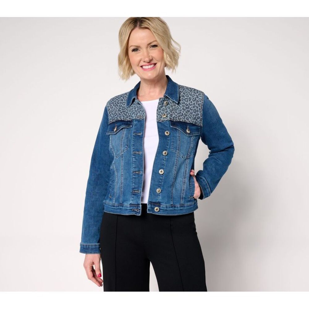 nicole by Nicole Miller Women's Plus Sz Jacket 2X Printed Yoke Denim Blue